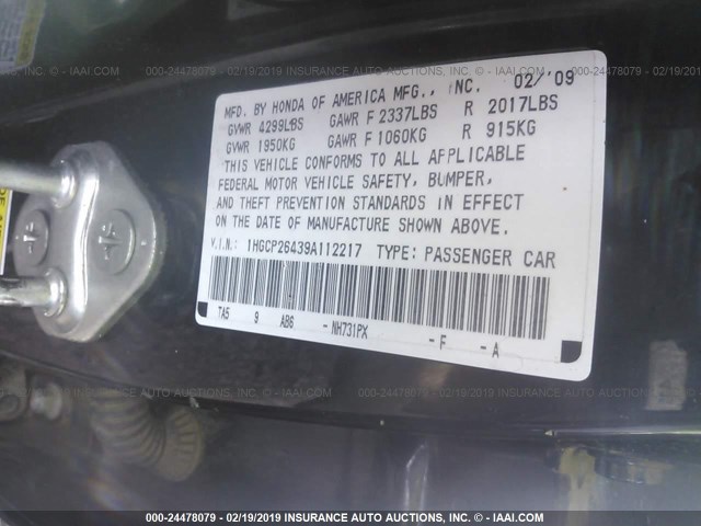 1HGCP26439A112217 - 2009 HONDA ACCORD LXP BLACK photo 9