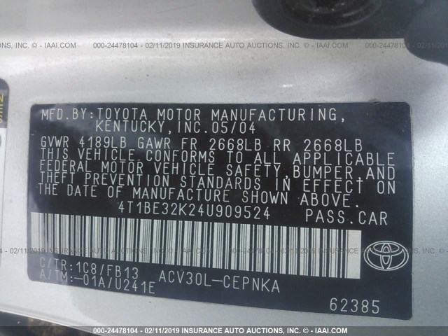 4T1BE32K24U909524 - 2004 TOYOTA CAMRY LE/XLE/SE SILVER photo 9