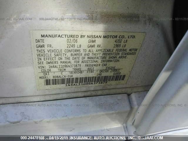 1N4AL11D96N373879 - 2006 NISSAN ALTIMA S/SL WHITE photo 9