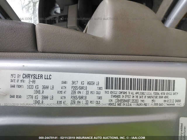 1D8HB58NX8F135393 - 2008 DODGE DURANGO LIMITED SILVER photo 9