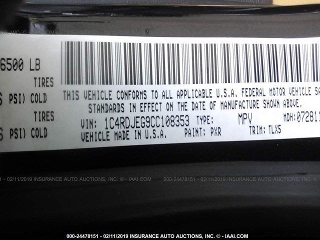 1C4RDJEG9CC108353 - 2012 DODGE DURANGO CITADEL BLACK photo 9