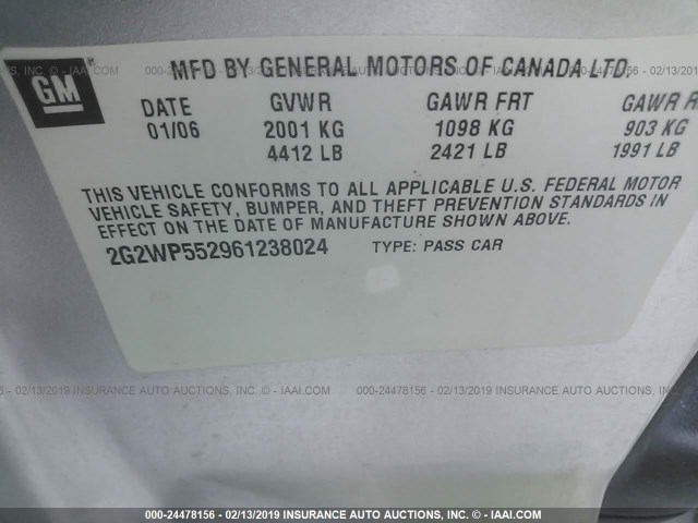 2G2WP552961238024 - 2006 PONTIAC GRAND PRIX SILVER photo 9