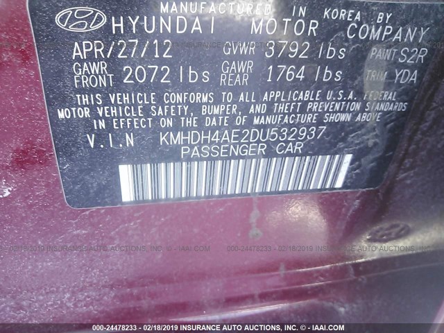 KMHDH4AE2DU532937 - 2013 HYUNDAI ELANTRA GLS/LIMITED RED photo 9