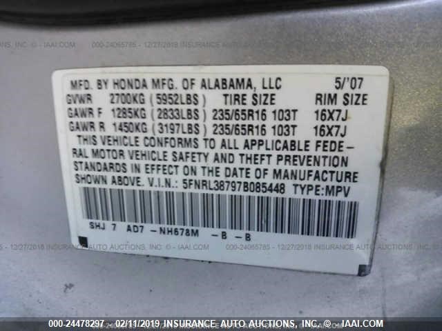 5FNRL38797B085448 - 2007 HONDA ODYSSEY EXL SILVER photo 9