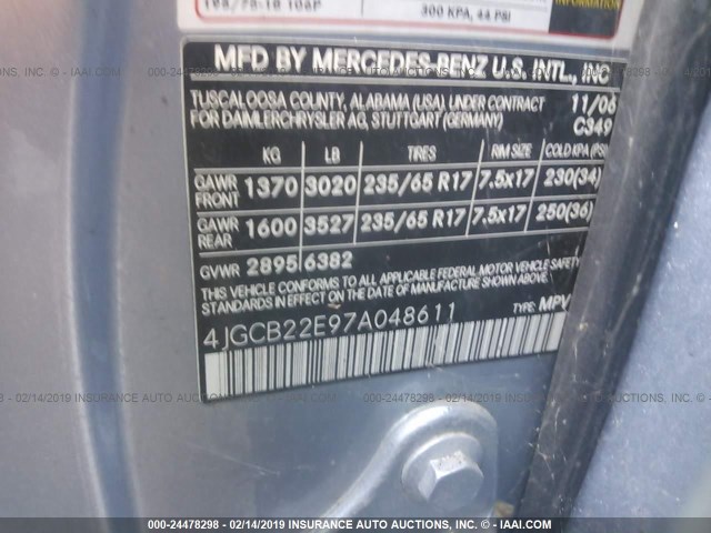 4JGCB22E97A048611 - 2007 MERCEDES-BENZ R 320 CDI Light Blue photo 9