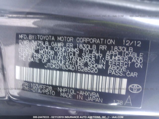 JTDKDTB34D1528520 - 2013 TOYOTA PRIUS C GRAY photo 9