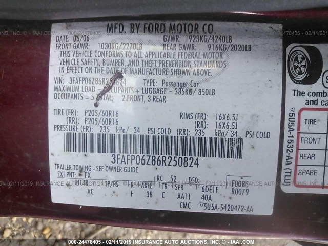 3FAFP06Z86R250824 - 2006 FORD FUSION S MAROON photo 9