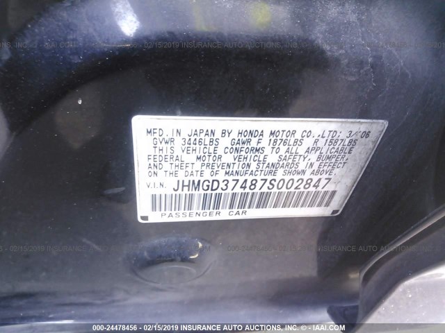 JHMGD37487S002847 - 2007 HONDA FIT BLACK photo 9