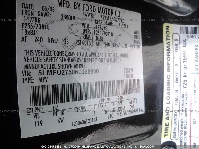 5LMFU27506LJ28900 - 2006 LINCOLN NAVIGATOR Қара фото 9