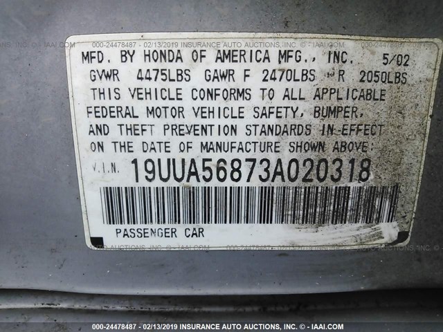 19UUA56873A020318 - 2003 ACURA 3.2TL TYPE-S GRAY photo 9