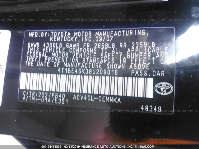 4T1BE46K38U209016 - 2008 TOYOTA CAMRY CE/LE/XLE/SE BLACK photo 9
