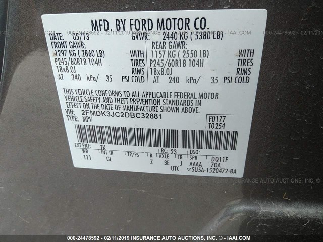 2FMDK3JC2DBC32881 - 2013 FORD EDGE SEL GRAY photo 9