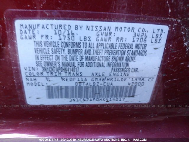 3N1CN7AP0HK414017 - 2017 NISSAN VERSA S/S PLUS/SV/SL MAROON photo 9