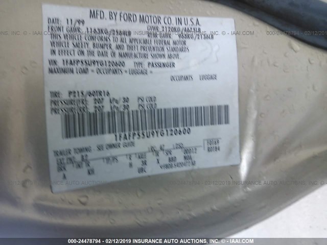 1FAFP55U9YG120600 - 2000 FORD TAURUS SES GOLD photo 9