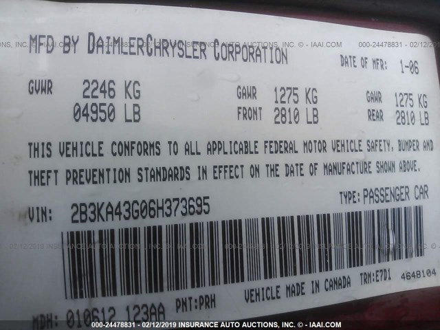 2B3KA43G06H373695 - 2006 DODGE CHARGER SE/SXT MAROON photo 9