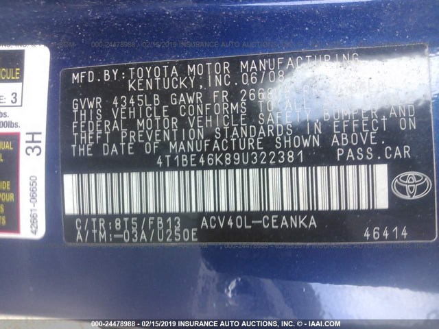 4T1BE46K89U322381 - 2009 TOYOTA CAMRY SE/LE/XLE 蓝色 照片 9