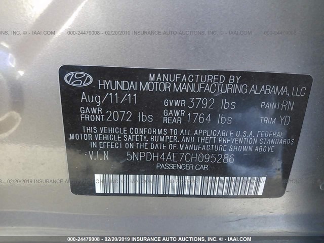 5NPDH4AE7CH095286 - 2012 HYUNDAI ELANTRA GLS/LIMITED GOLD photo 9