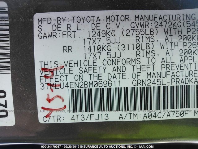 3TMLU4EN2BM069611 - 2011 TOYOTA TACOMA DOUBLE CAB 黑色 照片 9