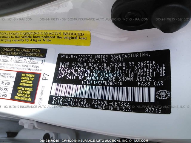 4T1BF1FK7FU880410 - 2015 TOYOTA CAMRY LE/XLE/SE/XSE თეთრი ფოტო 9