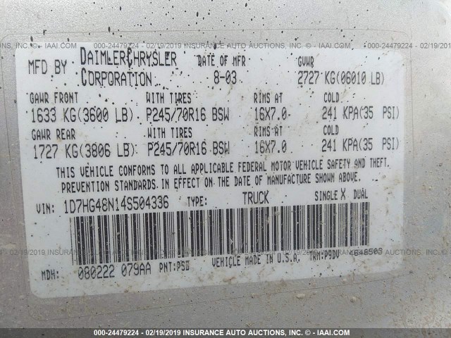 1D7HG48N14S504336 - 2004 DODGE DAKOTA QUAD SLT SILVER photo 9