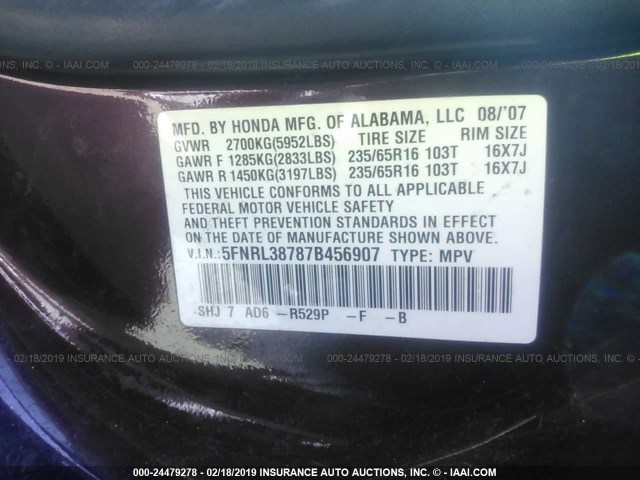 5FNRL38787B456907 - 2007 HONDA ODYSSEY EXL BURGUNDY photo 9