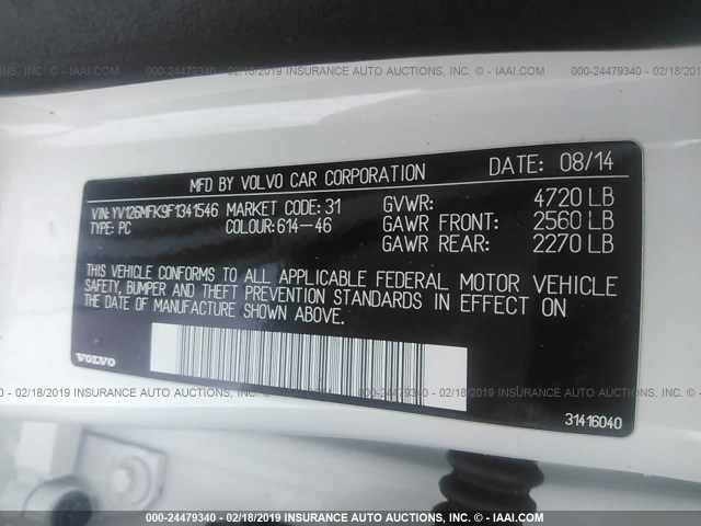 YV126MFK9F1341546 - 2015 VOLVO S60 PREMIER WHITE photo 9