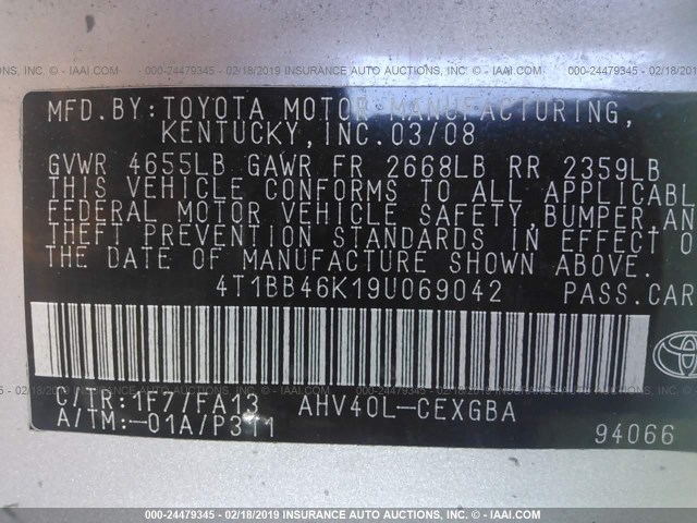 4T1BB46K19U069042 - 2009 TOYOTA CAMRY HYBRID SILVER photo 9