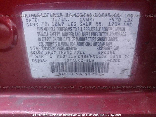 3N1CE2CP8GL405915 - 2016 NISSAN VERSA NOTE S/S PLUS/SV/SL/SR RED photo 9