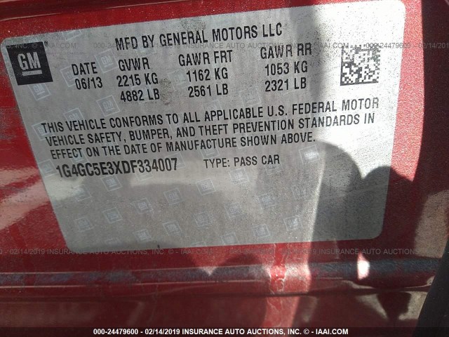 1G4GC5E3XDF334007 - 2013 BUICK LACROSSE RED photo 9