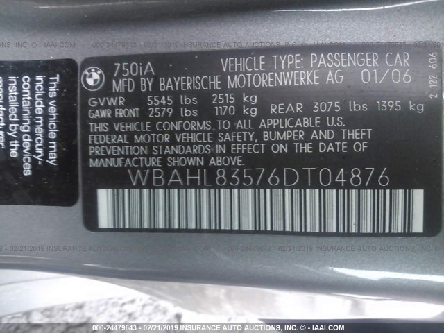 WBAHL83576DT04876 - 2006 BMW 750 I GRAY photo 9