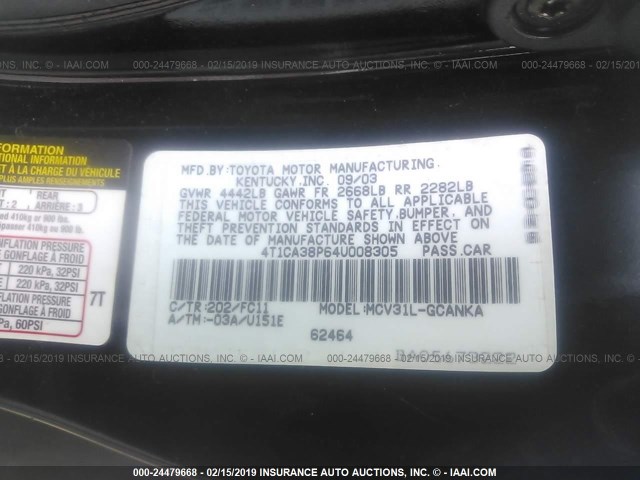 4T1CA38P64U008305 - 2004 TOYOTA CAMRY SOLARA SE/SLE BLACK photo 9