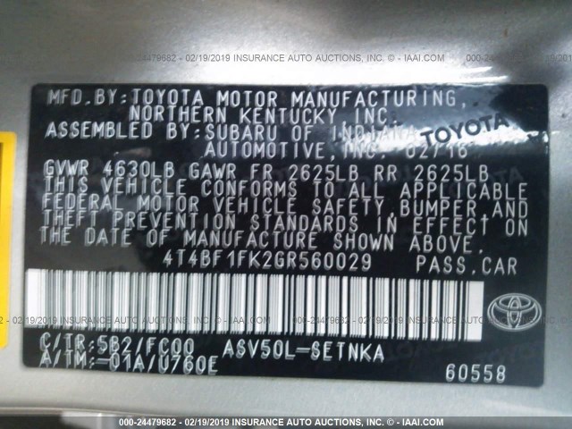 4T4BF1FK2GR560029 - 2016 TOYOTA CAMRY LE/XLE/SE/XSE თაფლისფერი ფოტო 9