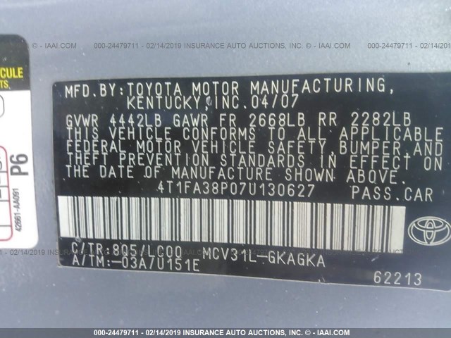 4T1FA38P07U130627 - 2007 TOYOTA CAMRY SOLARA SE/SLE BLUE photo 9