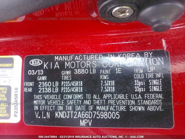 KNDJT2A66D7598005 - 2013 KIA SOUL +/!/SPORT RED photo 9