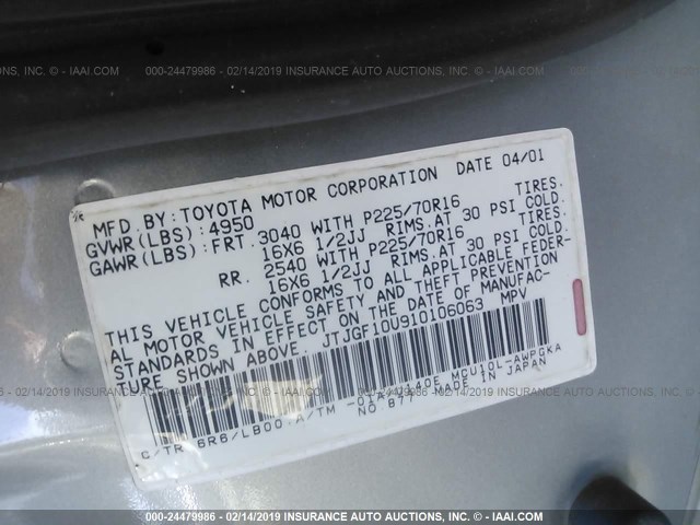 JTJGF10U910106063 - 2001 LEXUS RX 300 GRAY photo 9