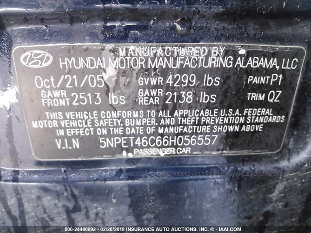 5NPET46C66H056557 - 2006 HYUNDAI SONATA GL BLUE photo 9