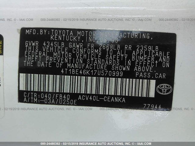 4T1BE46K17U570999 - 2007 TOYOTA CAMRY NEW GENERAT CE/LE/XLE/SE WHITE photo 9