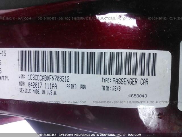 1C3CCCABXFN708312 - 2015 CHRYSLER 200 LIMITED MAROON photo 9