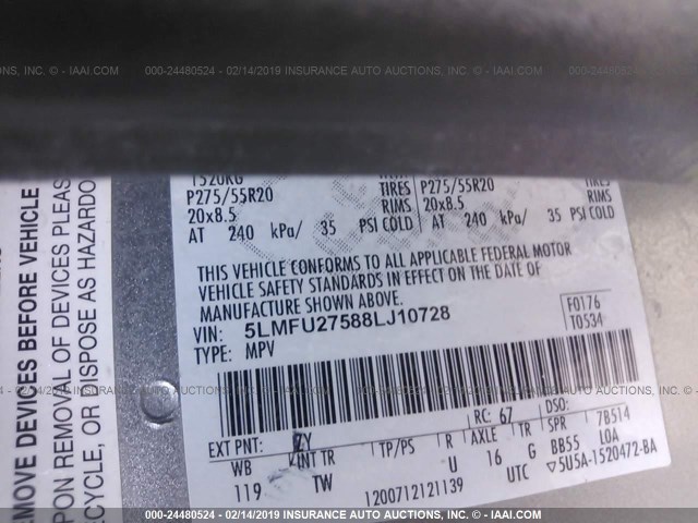 5LMFU27588LJ10728 - 2008 LINCOLN NAVIGATOR 银色 照片 9