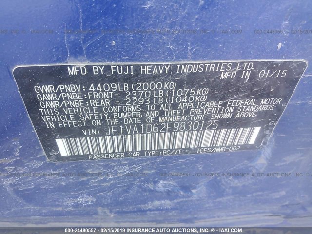 JF1VA1D62F9830125 - 2015 SUBARU WRX PREMIUM BLUE photo 9