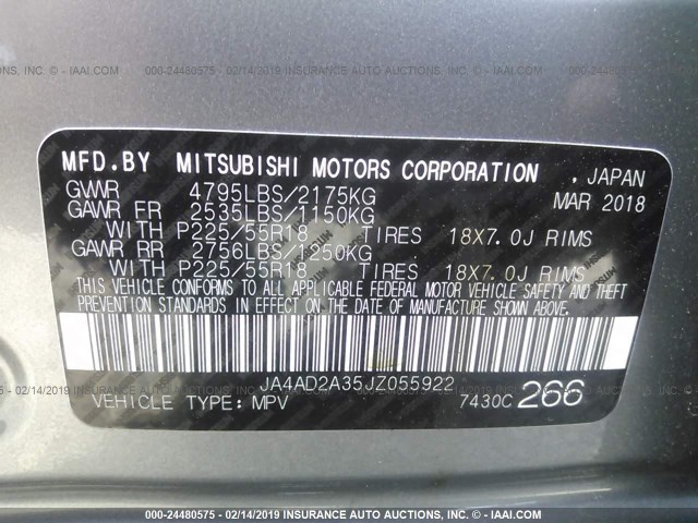 JA4AD2A35JZ055922 - 2018 MITSUBISHI OUTLANDER ES GRAY photo 9