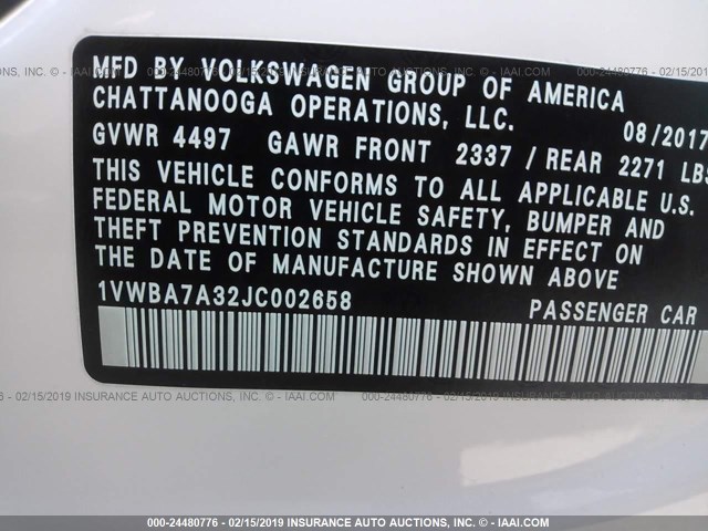 1VWBA7A32JC002658 - 2018 VOLKSWAGEN PASSAT SE WHITE photo 9