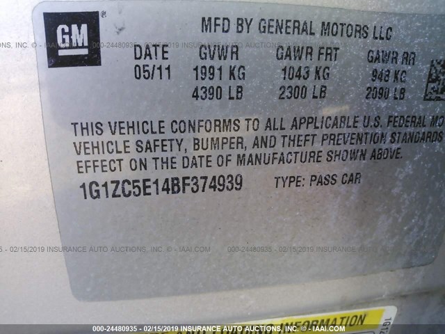 1G1ZC5E14BF374939 - 2011 CHEVROLET MALIBU 1LT თაფლისფერი ფოტო 9