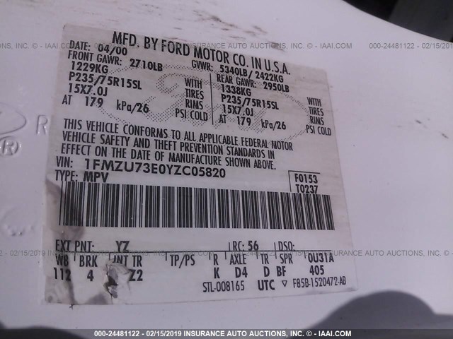 1FMZU73E0YZC05820 - 2000 FORD EXPLORER XLT WHITE photo 9