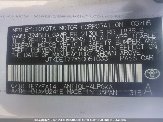 JTKDE177X50051033 - 2005 TOYOTA SCION TC ვერცხლისფერი ფოტო 9