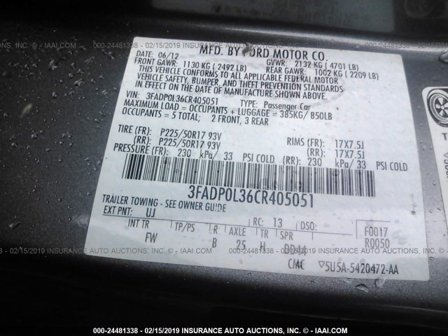 3FADP0L36CR405051 - 2012 FORD FUSION HYBRID GRAY photo 9