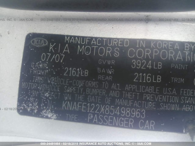 KNAFE122X85498963 - 2008 KIA SPECTRA EX/LX/SX SILVER photo 9