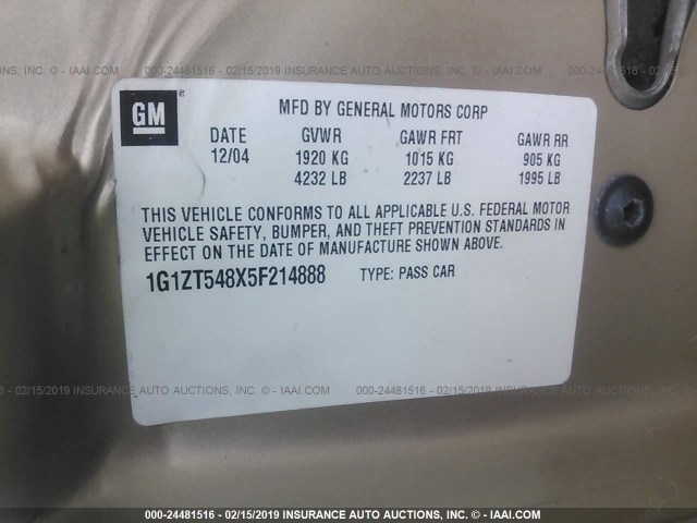 1G1ZT548X5F214888 - 2005 CHEVROLET MALIBU LS GOLD photo 9