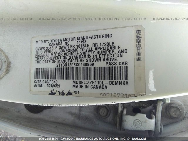 2T1BR12E6XC140969 - 1999 TOYOTA COROLLA VE/CE/LE WHITE photo 9