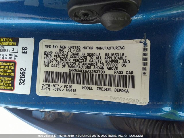 1NXBU4EE6AZ283793 - 2010 TOYOTA COROLLA S/LE/XLE BLUE photo 9